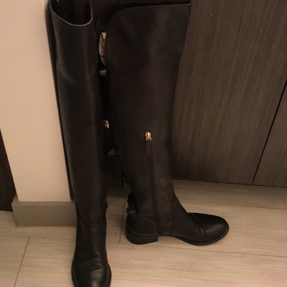 Black leather over the knee Valentino boots with bow detail in back